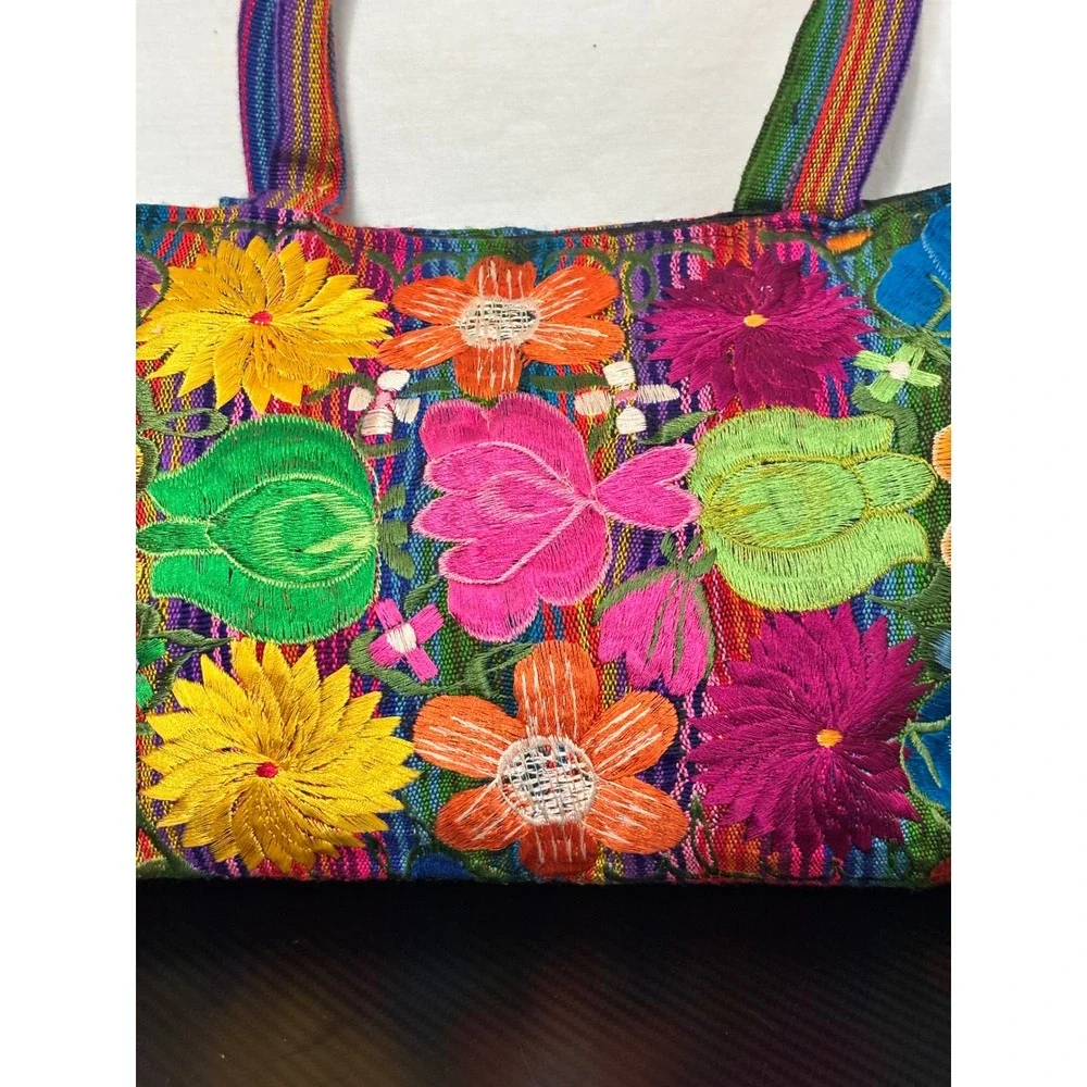 Mexican Floral Embroidered Tote Bag Boho Striped Woven Shoulder Bag Multi-Color